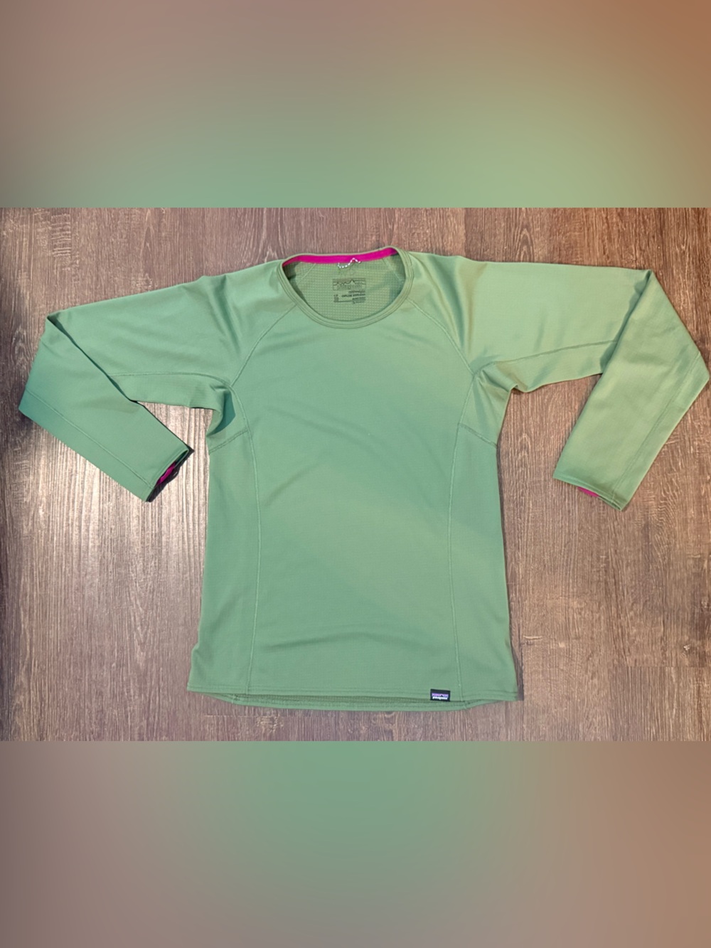 Patagonia Light Green Long Sleeve Performance Tee with Pink Trim